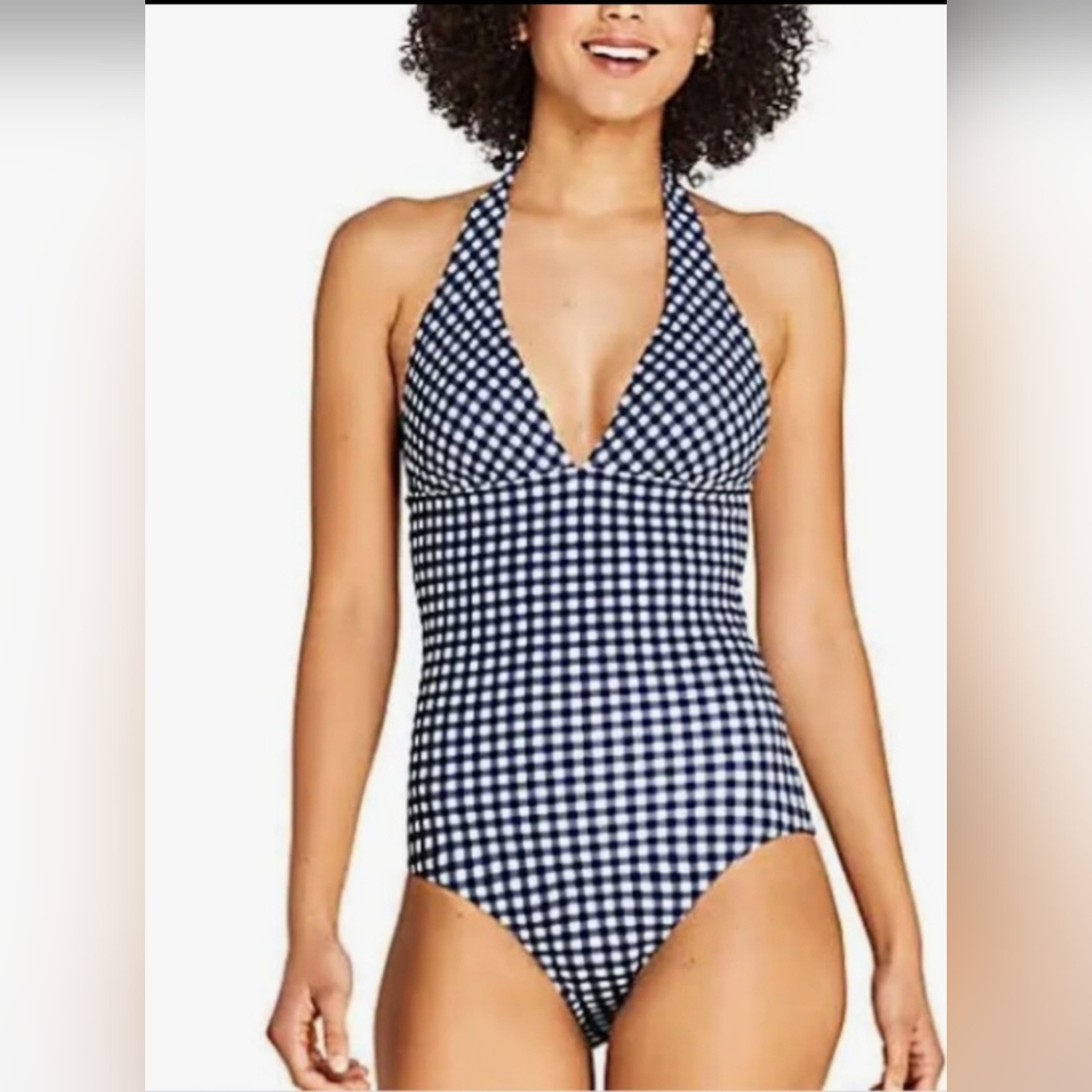 Draper James by Lands' End Navy Gingham Halter One Piece Swimsuit Size 4